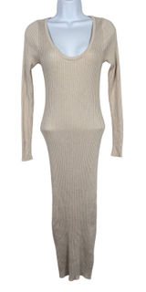Maxi Bodycon Dress Womens Small Ribbed Knit Long Sleeve Scoop Neck Beige Tan Photo 0