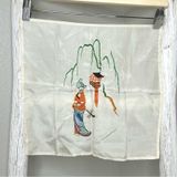 Vintage Japanese Embroidered Silk Handkerchief Geisha‎ Pagoda Willow Tree Art Photo 0