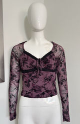 Derek Heart Y2K Purple Mesh Floral Lace Trim Long Sleeve Crop Top Grunge Blouse Women’s M Photo 0