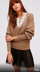 Free People Allure‎ Pull Over Deep V-Neck Ribbed Sweater Taupe Brown Size Small Photo 0