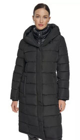 DKNY Women's Bibbed Hooded Puffer Coat Black Size XXL Long Photo 0