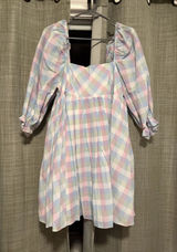 Storia Pastel Plaid Puff-Sleeve Dress in Pink, Blue, Green & Cream Photo 0