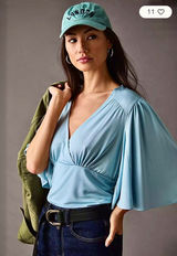 Anthropologie • Size S Blue V-Neck Wide Flowing Kimono Style Sleeves Blouse NWT Photo 0