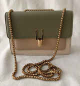 Crossbody Bag Bicolor Olive Beige Gold Chain T-Bar Closure Excellent Cond(B157) Photo 0