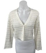 Women's White Crochet Knit Long Sleeve V Neck Crop Button Up Cardigan Sweater 14 Photo 0