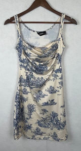 Cider Toile De Jouy Mini Dress Womens XXS Blue Cream Cowl Bodycon Cottagecore Photo 0