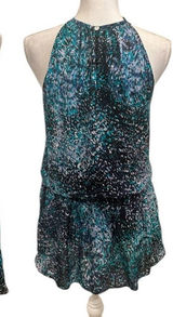 Ramy Brook Teal Printed‎ Paris Silk Mini Drop Waist Sleeveless Blouson Dress XS Photo 0