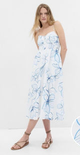 Gap Linen-Blend Smocked Corset Midi Dress Blue & White Floral Size Medium Photo 0