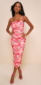 Lulus Blossoming Excellence Pink Floral Mesh Ruched Midi Dress Size Medium Party Photo 0