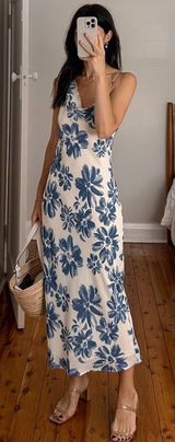 Reformation Large Chandelier Floral Midi Dress Celestia Blue Floral‎ Ivory Photo 0