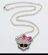 Skull Pendant Necklace with Pink Bow Monster High Y2K Bling Rhinestone Charm Photo 0