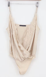 Abercrombie & Fitch Bodysuit Womens M Surplice Lace Trim Champagne Satin Good Photo 0