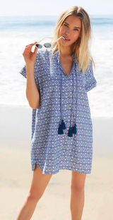 Roller Rabbit Wythe Cover-Up Tunic Dress Blue Floral Tassel XXS Cotton Photo 0