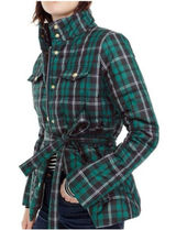 J. crew Green Tartan Plaid Belted Puffer Jacket Coat Women's size large Photo 0