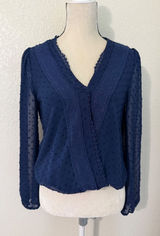 Mi Ami Navy Blue Swiss‎ Dot Lace Trim Faux Wrap Long Sleeve Blouse Medium Photo 0