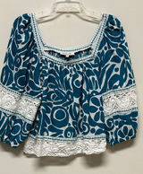 Rachel Zoe Teal Printed Peasant Linen Top with Lace Trim 3/4 Sleeves size L Photo 0