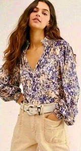 FREE PEOPLE Smocked Crushed Velvet Top Blouse Go Get 'Em Tiger Animal Small Photo 0