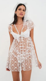 NWT FOR LOVE & LEMONS Fiorella White Bow Sheer Slip Dress Bridal Romantic Sz M Photo 0