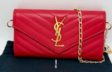 Yves Saint Laurent YSL Monogram Chevron Leather Clutch Crossbody Wallet with Chain Red Photo 0