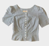 Vintage Richards Navy Gingham Puff Sleeve Button Blouse UK 10 US 6 Photo 0