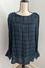 Loft Tartan Plaid Long Sleeve Blouse Medium Green Navy Blue Holiday Preppy Academia Photo 0