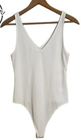 American Eagle White Sleeveless Ribbed Bodysuit V-Neck Casual Top Photo 0