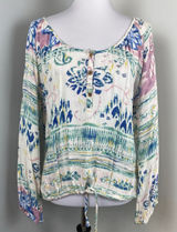 O'Neill Pastel Watercolor Floral Tie Front Boho Scoop Neck Peasant Blouse XL Photo 0