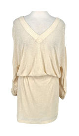 Free People Beach Bambi Mini Dress Ruched Sleeve V-Neck Ivory Cream Size Large Photo 0