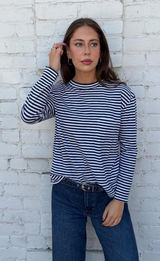 Garnet Hill white & navy striped long sleeve top Sz M 100% cotton #stripes #nautical Photo 0