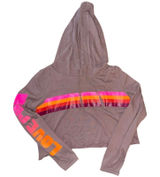 PINK Victoria’s Secret Beige Neon Stripes Raw Hem Cropped Hoodie Sweatshirt L Photo 0