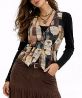 Vintage Wine Bottle Print Vest | USA-Made | Textured Fabric Quirky Button-Up LG Photo 0