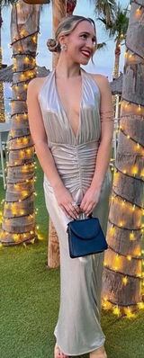 Zara Metallic Ruched Halter Shimmer Midi to Maxi Formal Dress Cava Soft Gold XS Photo 0