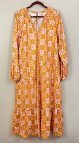 Ivy City Co Imogen Dress Orange Pink Floral Tie Neck Long Sleeve Maxi‎ Size XS Photo 0