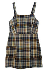 American Eagle Plaid Pinafore Dress Made‎ in Italy Brown Navy Sz M Pockets Mini Photo 0