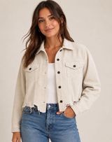POL Corduroy Trucker Jacket Women's M Cream Raw Hem Cropped Boho Western Photo 0