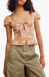Free People Call Me Baby Cap Sleeve Button Up Shirt in Meerkat Combo Size Large Photo 0