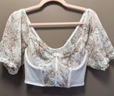 Floral Embroidered Corset Bustier Crop Top Puff Sleeve Milkmaid Cottagecore Photo 0