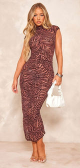 PrettyLittleThing Brown Mesh Animal Zebra Print High Neck Maxi Bodycon Dress 4 Photo 0