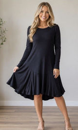 Karen Kane Black Dress Women Size Large Fit Flare Long Sleeve Asymetrical Hem Photo 0