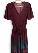 In Roads Burgundy Vintage MIDI Dress with Tie Waist and Short Sleeves Photo 0
