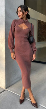 ASTR Jodie Mauve Two Piece Cutout Ribbed Knit Midi Sweater Dress Small NWT Photo 0
