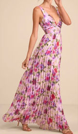 NWT Lulus Size Small Morgana Pink Multi Floral Satin Pleated Maxi Dress Photo 0