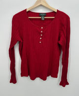 Lauren Ralph Lauren Red Ribbed Cotton Henley Long Sleeve Top Womens XL‎ Western Photo 0
