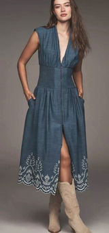 Anthropologie Tommie Denim Eyelet Trim Dress Blue cotton Midi Zip Front L NEW Photo 0