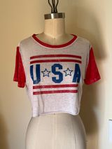 Modern Lux L USA Graphic Sheer Cropped T-Shirt Red White Blue Patriotic Preppy Photo 0
