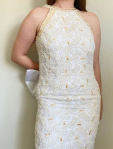Vintage 90s Pearl Beaded Wedding Gown Size 12 Back Bow Old Money Bridal Dress Photo 0