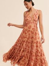 Let Me Be Floral Jacquard Tiered Maxi Dress in Rust-Pink Photo 0