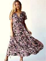 Natural Life Bella Floral Maxi Tiered V-Neck Puff Sleeve Rayon Dress Pink Gray M Photo 0