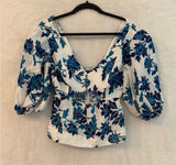 BoBo Bourgeois Boheme Blue Floral Embroidered Puff Sleeve Top Size 38 V-Neck Photo 0