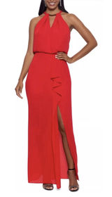 NEW XSCAPE Red RUFFLE‎ CHIFFON Gold Metal NECKLINE Halter EVENING Dress GOWN 4 Photo 0